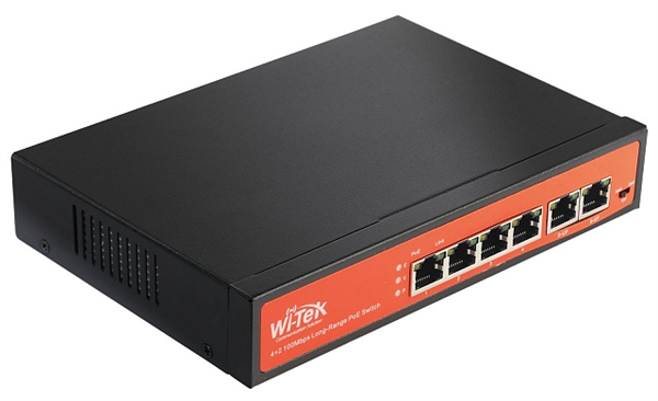 Wi-Tek WI-PS205, Коммутатор неуправляемый PoE 65Вт, порты 4PoE FE + 2FE, режим 250м и VLAN, Watchdog