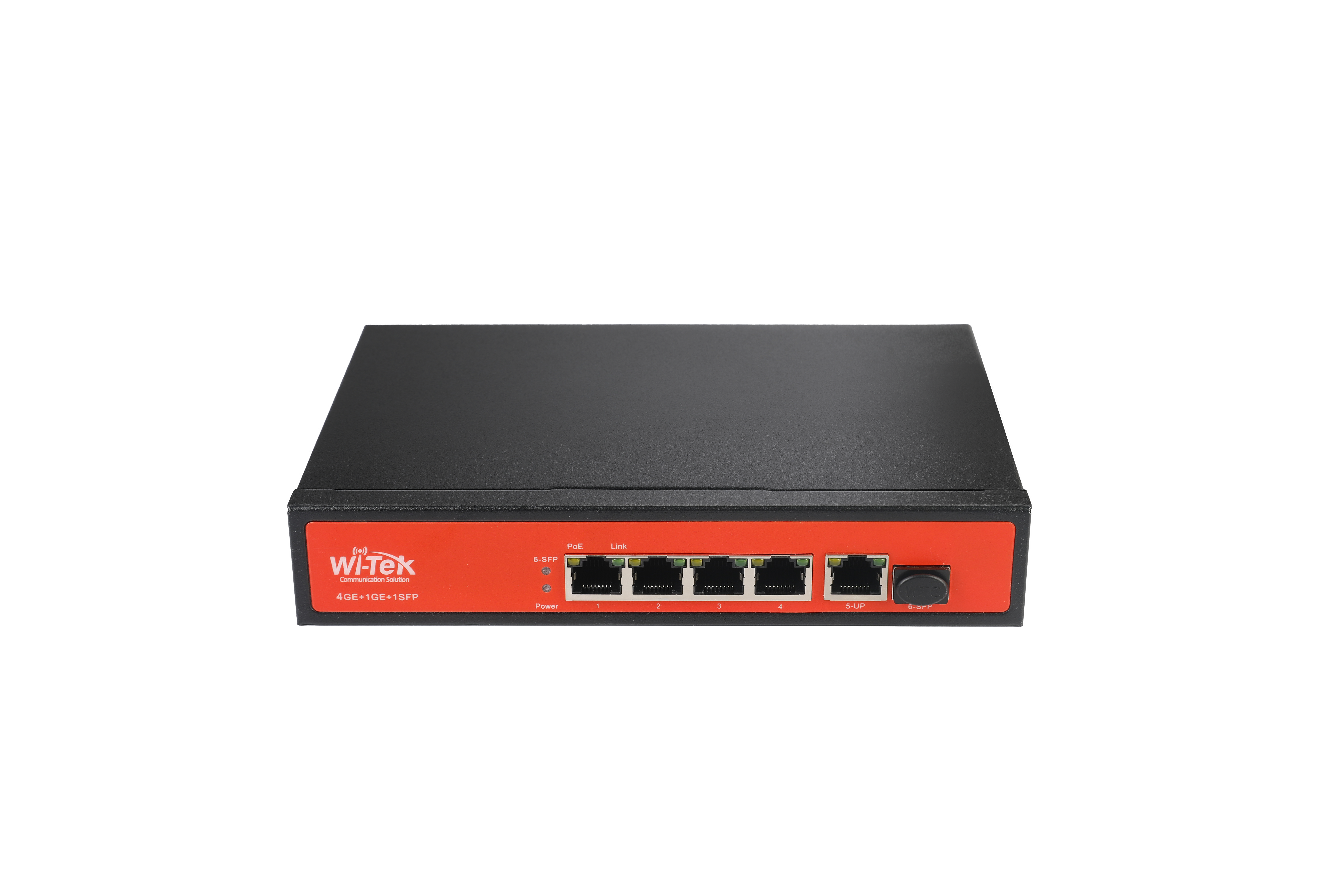 Wi-Tek WI-PS305GF, Коммутатор неуправляемый PoE 65Вт, порты 4 PoE GE + 1GE + 1SFP, режим VLAN, шт