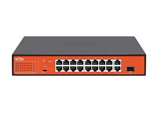 Wi-Tek WI-PS518G, Коммутатор неуправляемый PoE 200Вт, порты 16 PoE FE + 1GE + 1Combo, режим 250м, Wa