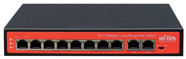 Wi-Tek WI-PS210, Коммутатор неуправляемый PoE 120Вт, порты 8 PoE FE, 2FE, режим 250м и VLAN, Watchdo