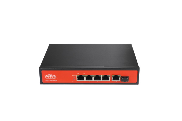 Wi-Tek WI-PS305GF, Коммутатор неуправляемый PoE 65Вт, порты 4 PoE GE + 1GE + 1SFP, режим VLAN, шт